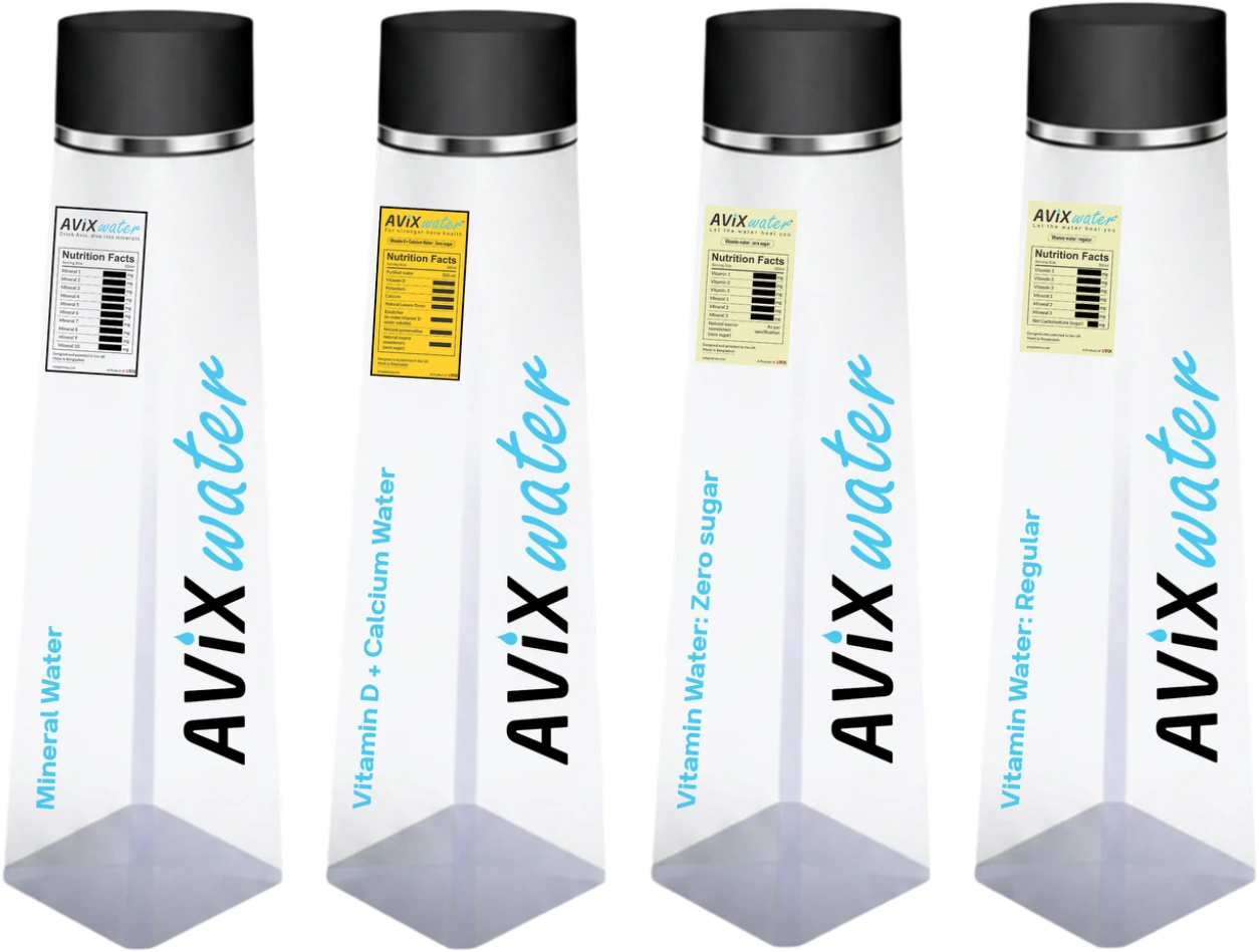 Four AVIX Water bottle concepts: mineral water, vitamin water regular, vitamin water zero sugar, and vitamin D plus calcium water